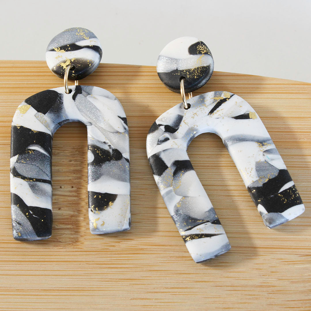 ARCHES Earrings.  White, Black, Grey and gold leaf Polymer Clay Arch earrings