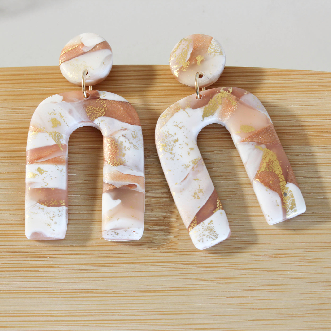 ARCHES Earrings.  White, pink and gold leaf Polymer Clay Arch earrings