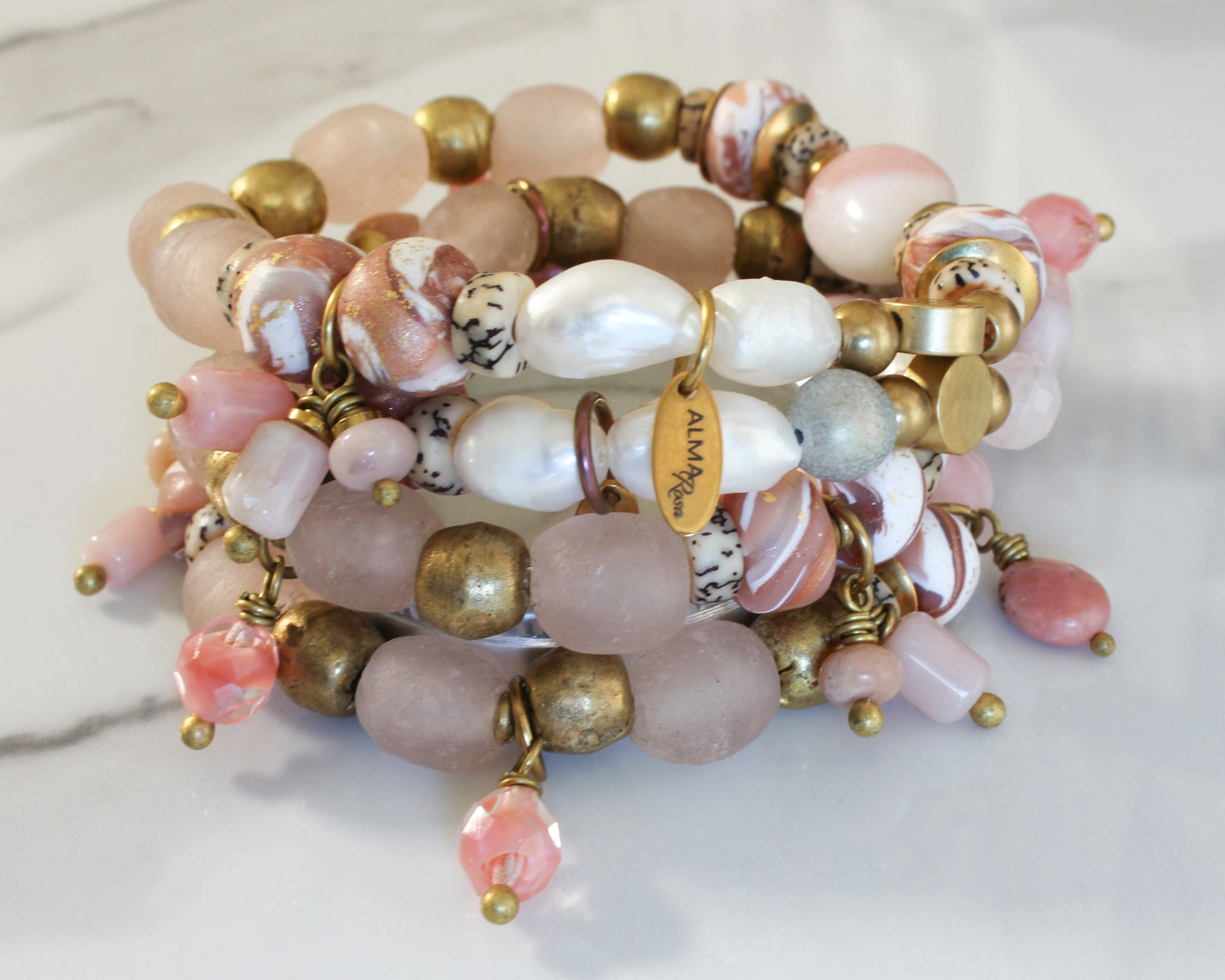 BOHO STRETCH BRACELET WITH RECYCLED GLASS BEADS - PINK