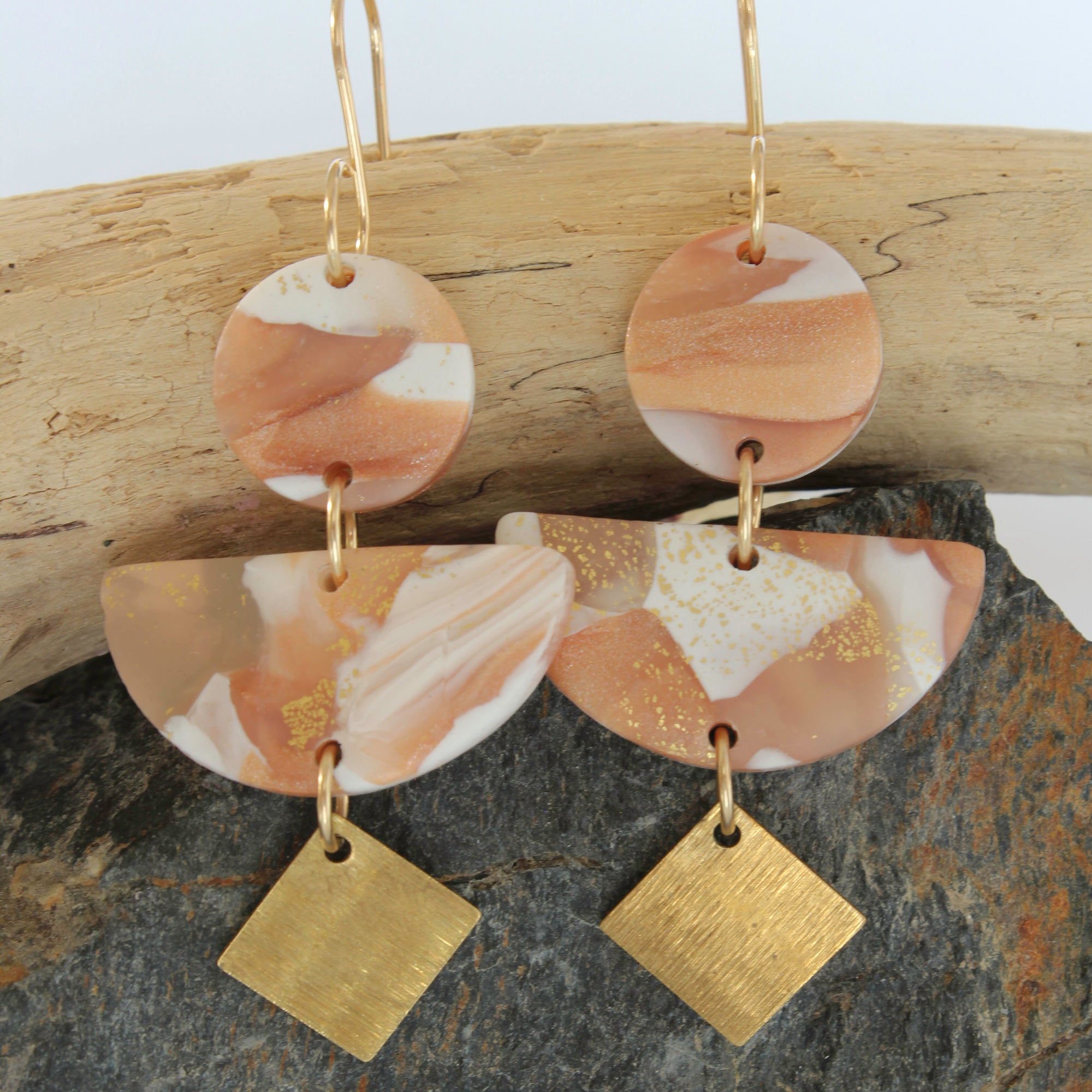 COLIBRI Earrings. White, Pink and Gold leaf Polymer Clay statement earrings with brass dangles
