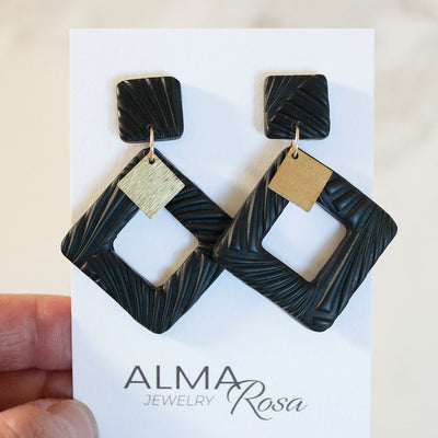EMERY Earrings. Textured Black, Polymer Clay statement Earrings with brass Dangles