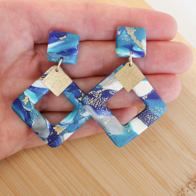 EMERY - Blue Lagoon Diamond Shaped Polymer Clay earrings with brass Dangles