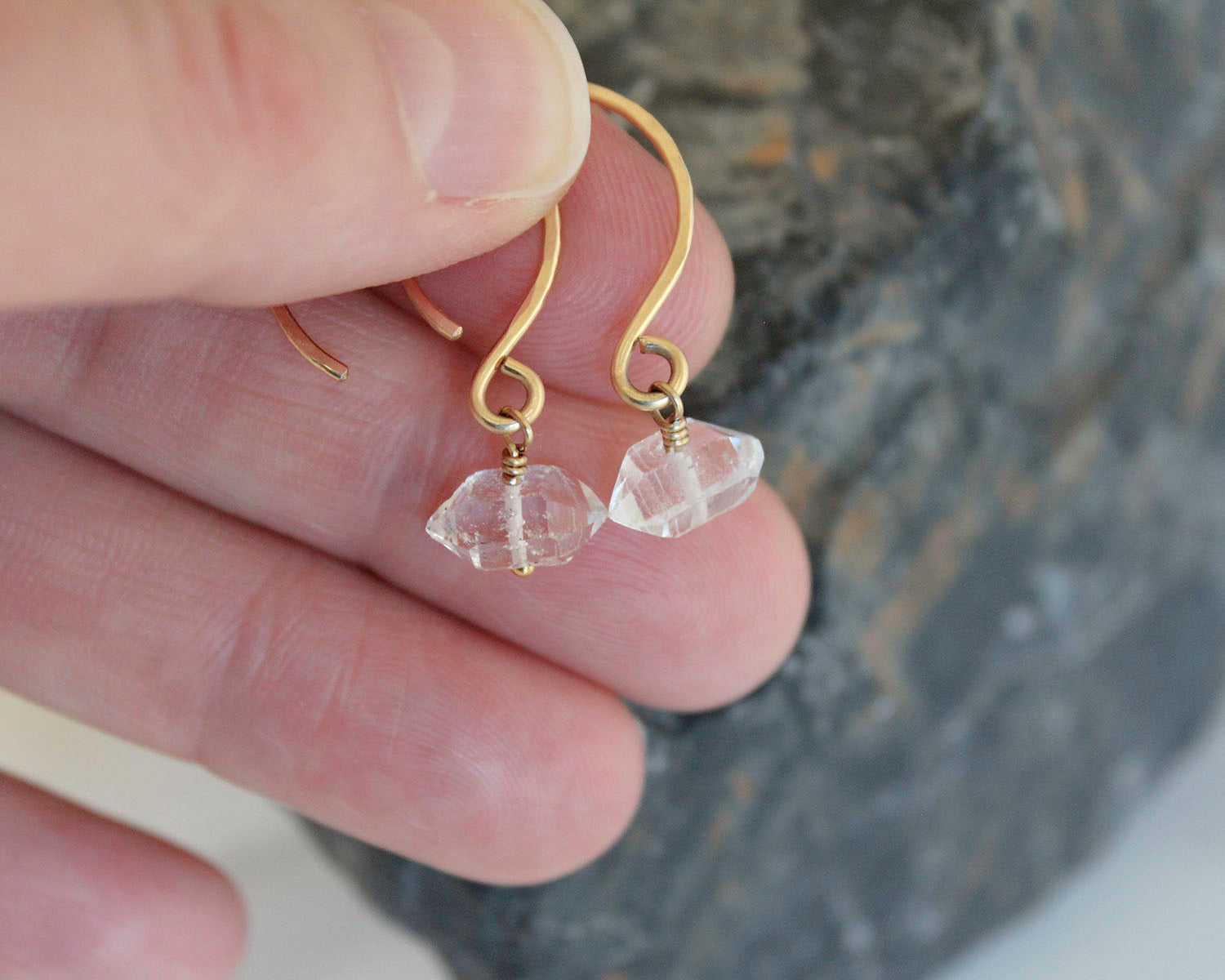 14K Gold Fill - SMALL Hammered Hoops with Herkimer Diamonds