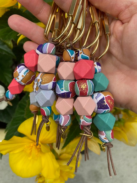 Key Chain with Brass ring, wood and clay beads. Bold and Colourful