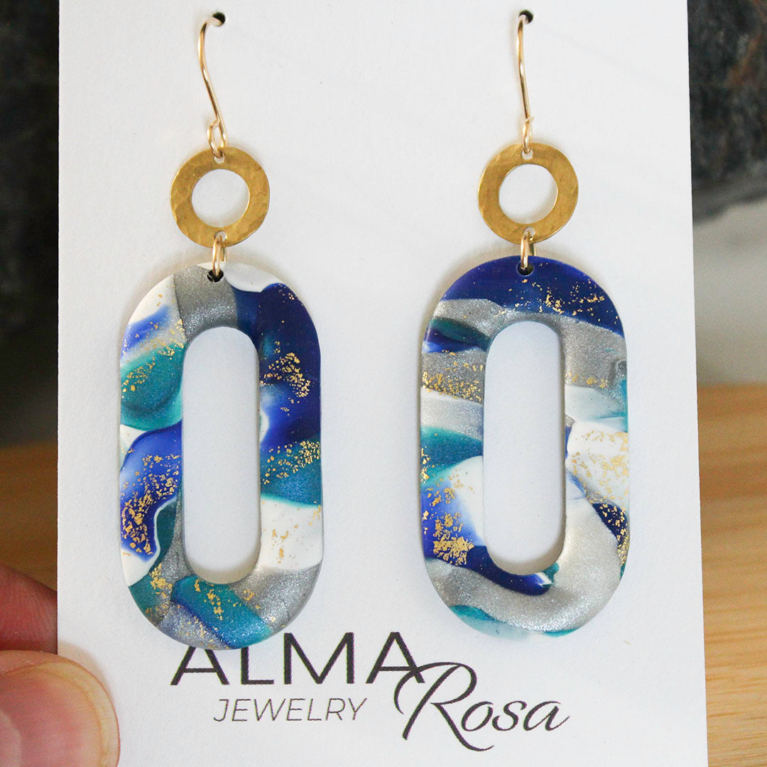 LINKS Earrings.  Blue Lagoon and gold leaf Polymer Clay Earrings