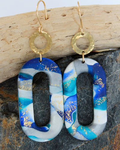 LINKS Earrings.  Blue Lagoon and gold leaf Polymer Clay Earrings
