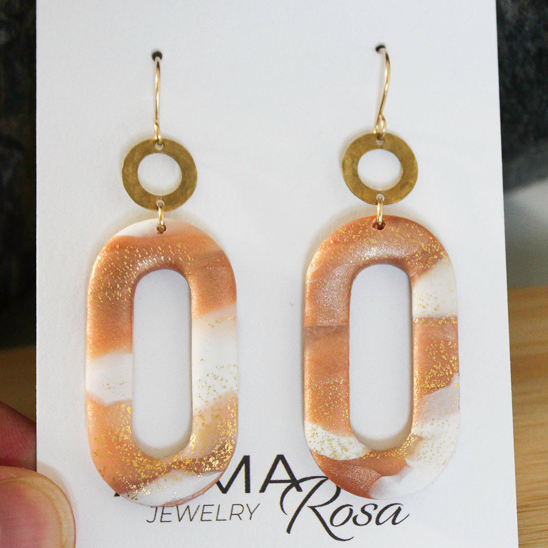 LINKS Earrings - PINK - POLYMER CLAY AND HAMMERED BRASS