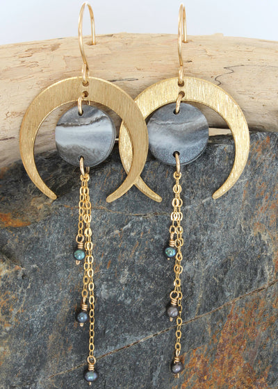 LUNA Earrings.  Black, Grey and Gold Leaf earrings with brass Crescent Moons