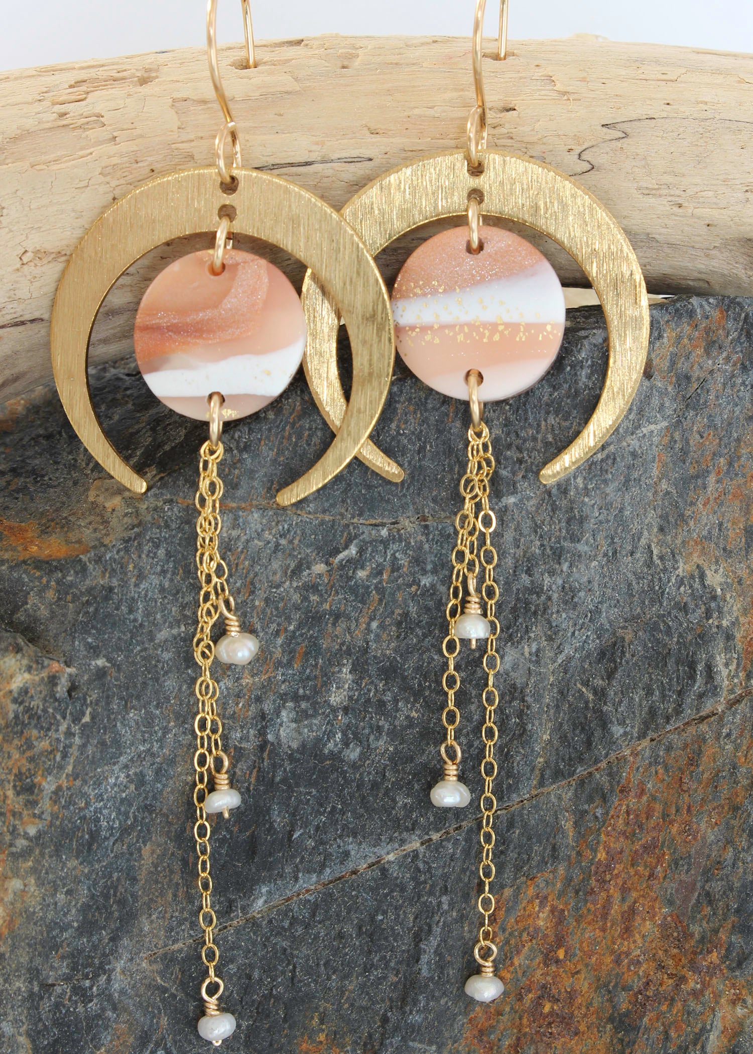 LUNA Earrings.  White, Pink and Gold Leaf earrings with brass Crescent Moons