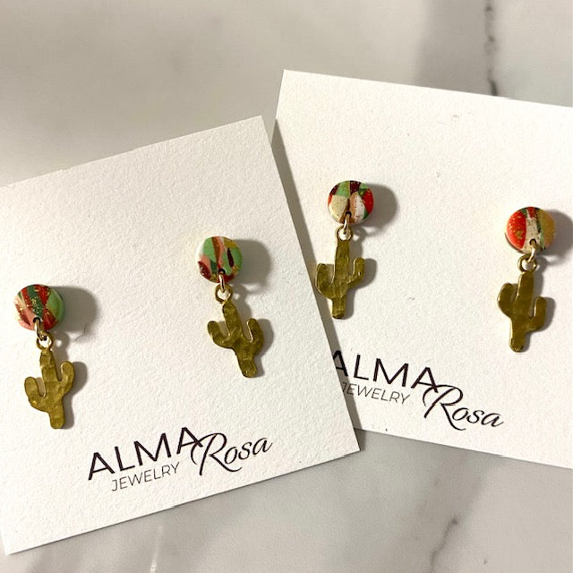 Mini Cactus Earrings - Green, peach, red and gold earrings with hammered Brass cactus