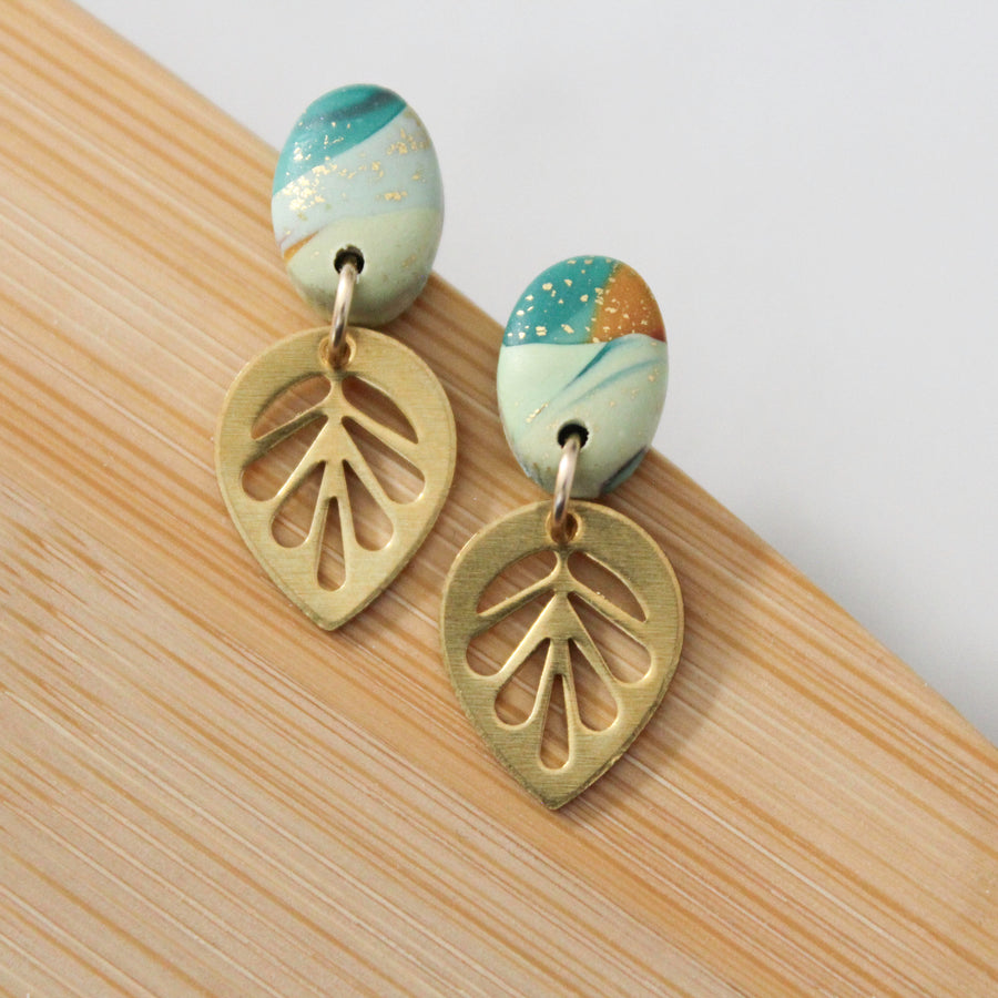 Mini Leaf, Stud Dangle Earrings, Green with Brass dangles