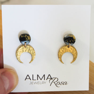 Mini Luna - Black, silver and gold Polymer Clay with Brass dangles
