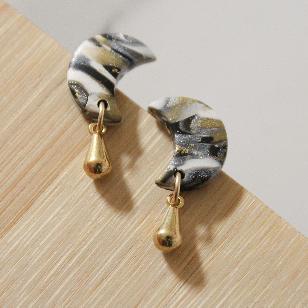 Moon Drop Earrings - earrings with hammered Brass dangles