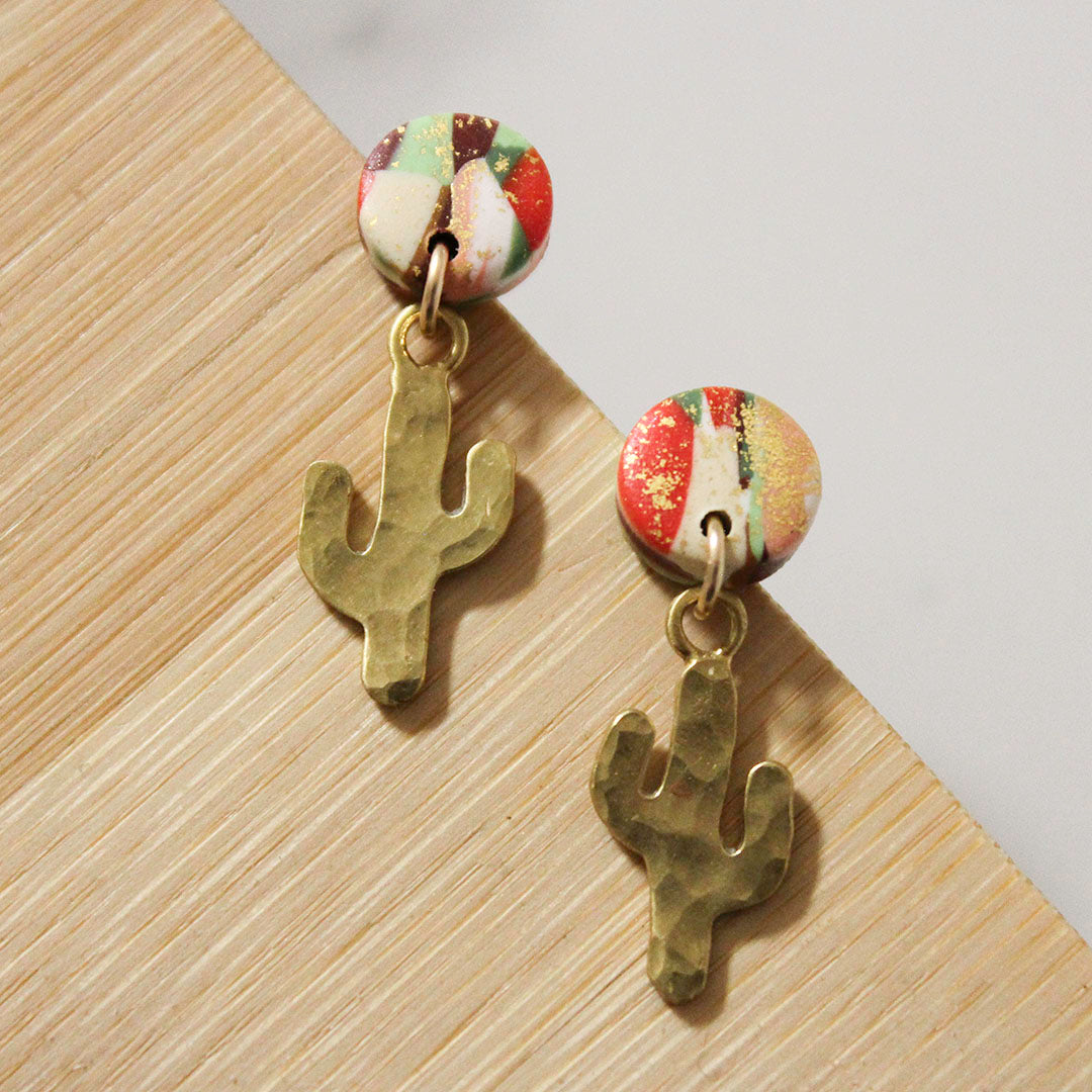 Mini Cactus Earrings - Green, peach, red and gold earrings with hammered Brass cactus