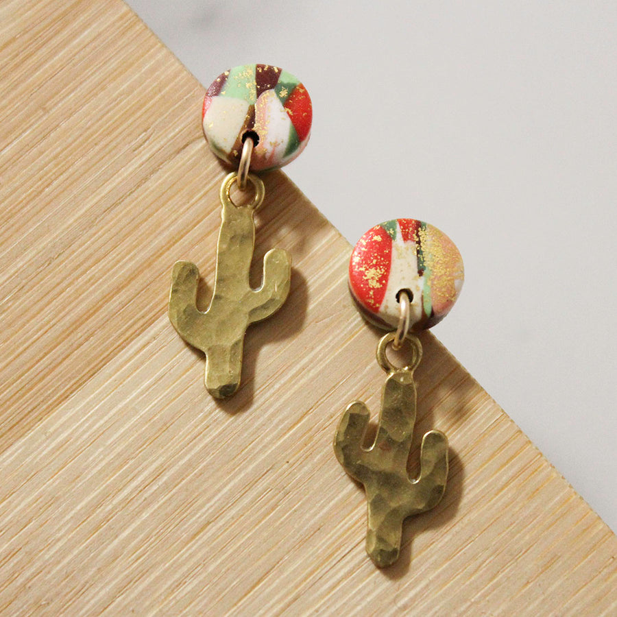 Mini Cactus Earrings - Green, peach, red and gold earrings with hammered Brass cactus