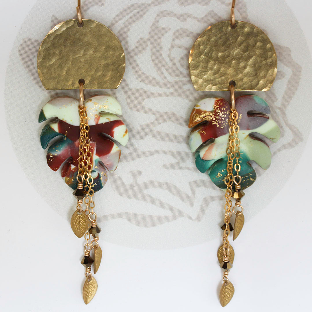 Monstera Dangle Earrings, Polymer Clay & Gold-filled Chain