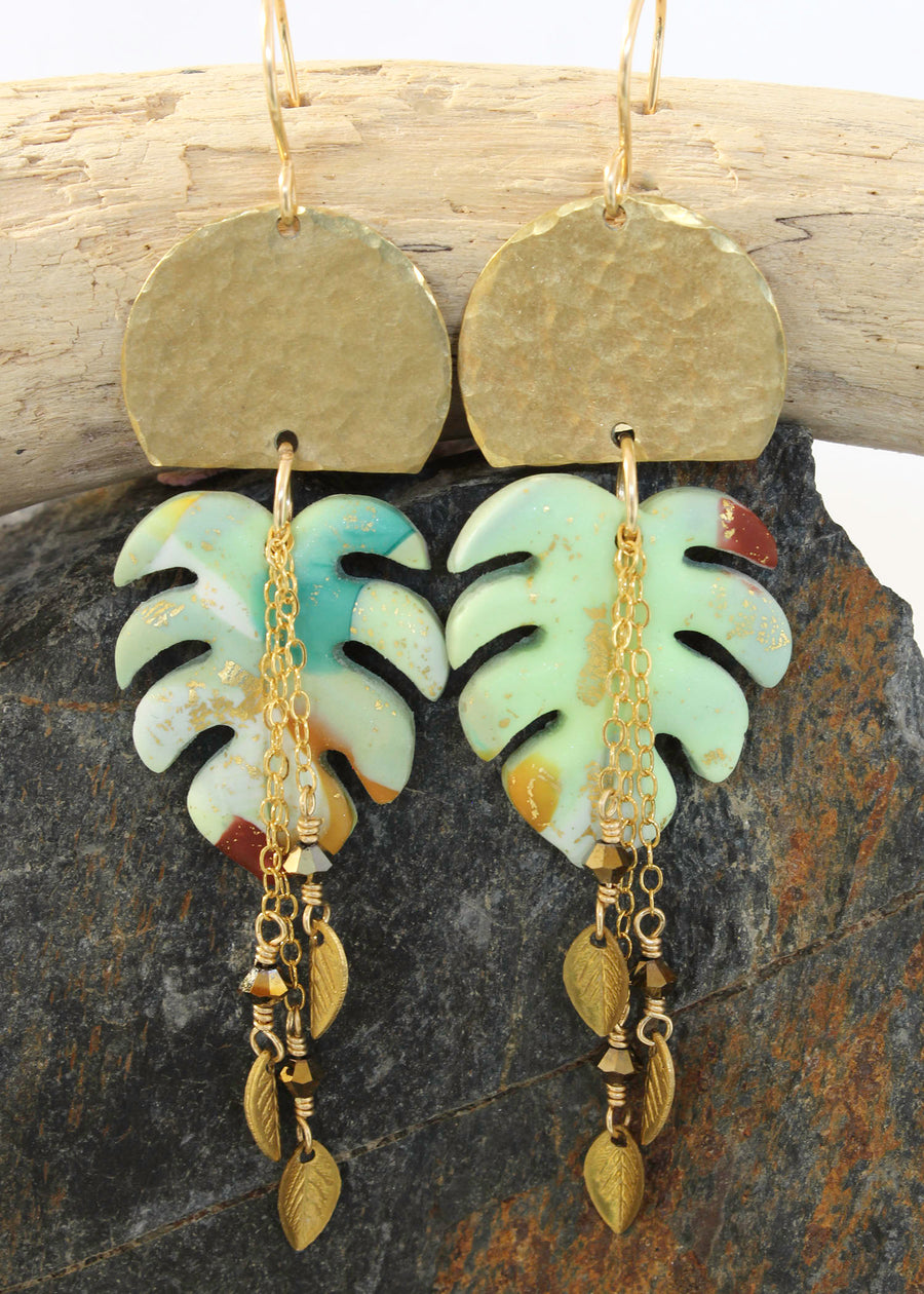 Monstera Dangle Earrings, Polymer Clay & Gold-filled Chain