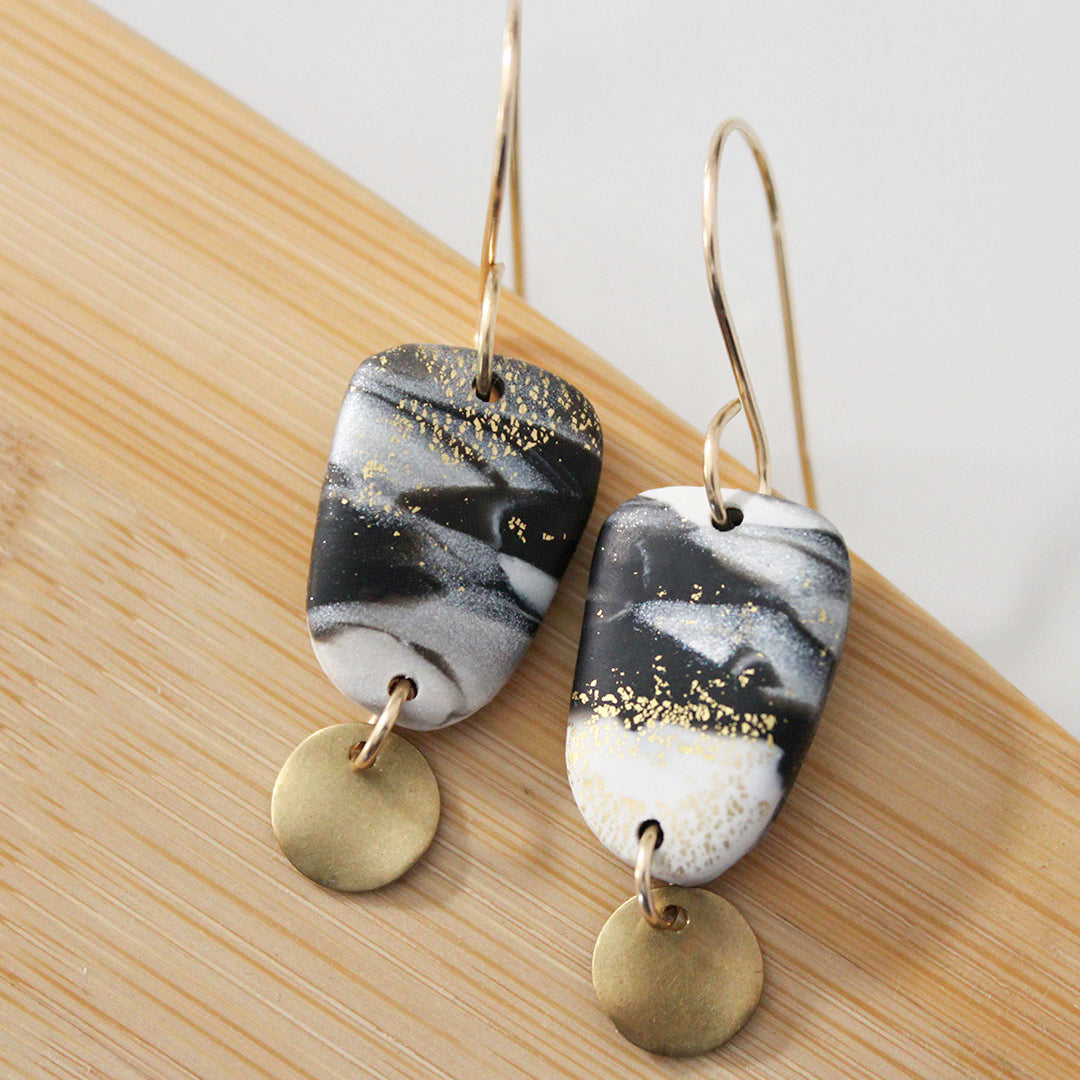 Pebble Dangle Earrings with 14K Gold Filled Ear wires - BLACK/GREY