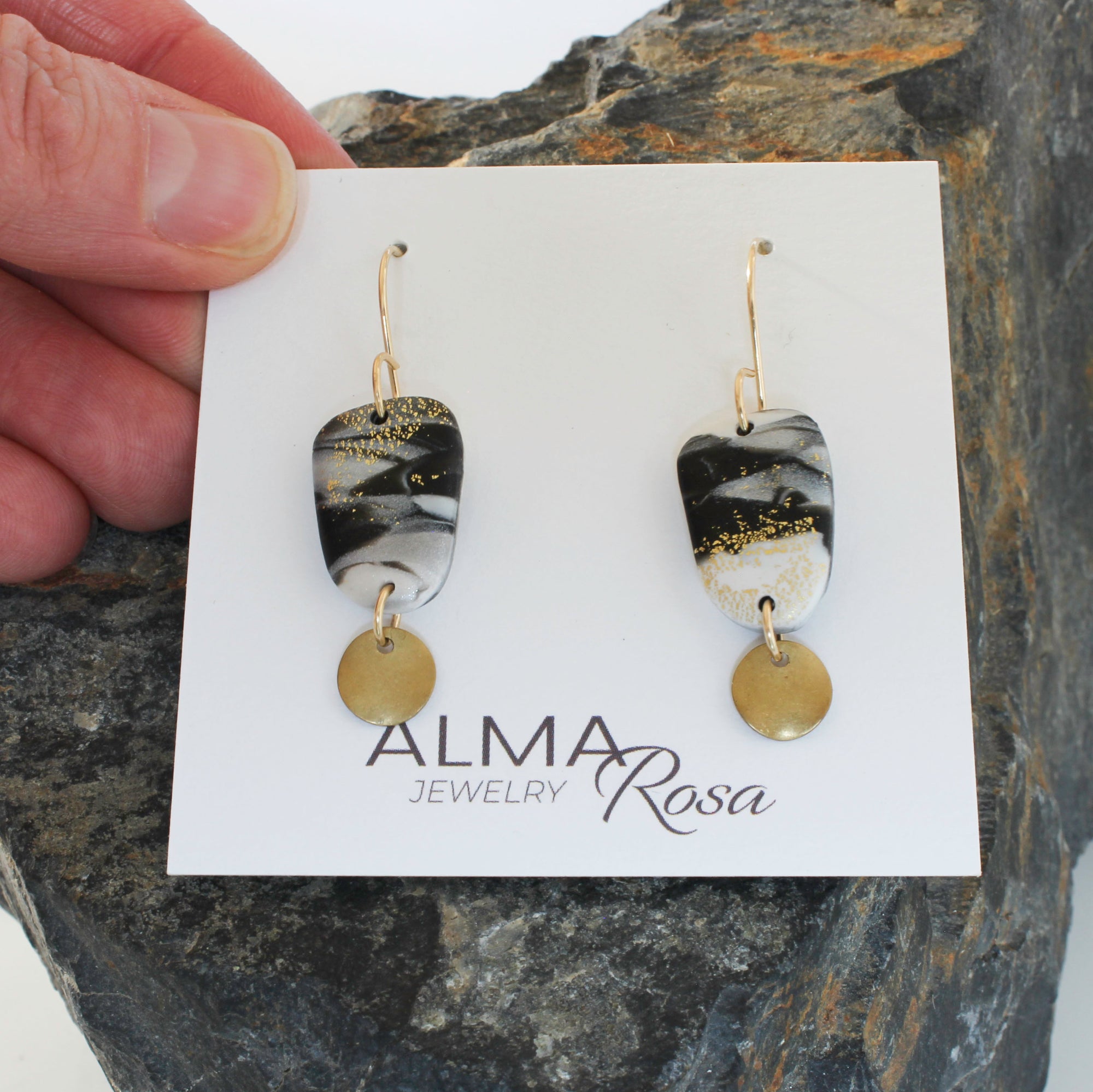 Pebble Dangle Earrings with 14K Gold Filled Ear wires - BLACK/GREY