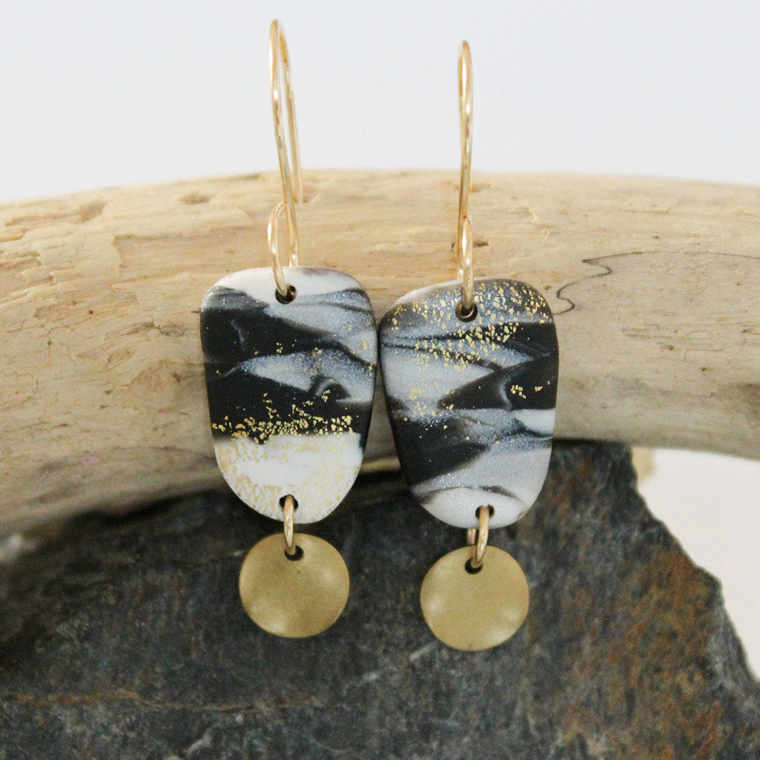 Pebble Dangle Earrings with 14K Gold Filled Ear wires - BLACK/GREY