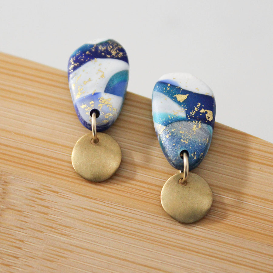 Pebble, Stud Dangle Earrings,  Blue Lagoon Polymer Clay with Brass dangles