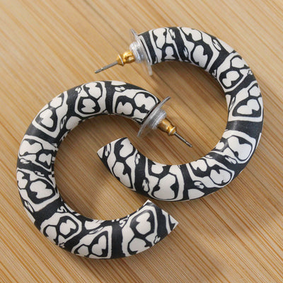 LARGE Polymer Clay Printed hoop earrings - Charcoal Grey and Cream