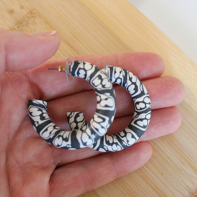 Polymer Clay Printed hoop earrings - Charcoal Grey and Cream