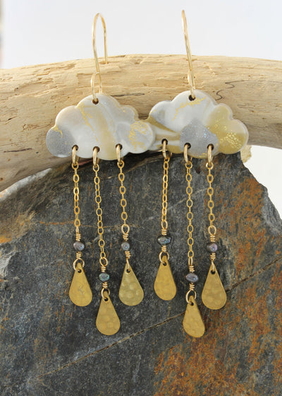 Rainy Day Earrings - Polymer Clay, brass and 14K gold fill ear wires and chain