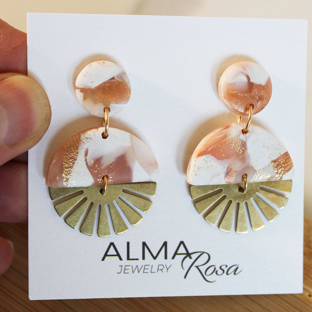 COLIBRI Earrings. White, Pink and Gold leaf Polymer Clay statement ear -  Alma Rosa Jewelry