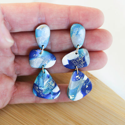 STONES Polymer Clay Earrings in irregular stone shapes.  Turquoise, Royal Blue, silver with gold leaf