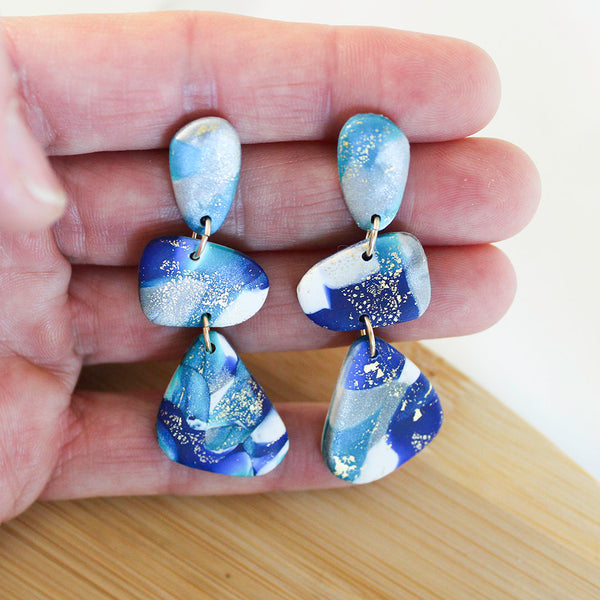 STONES Polymer Clay Earrings in irregular stone Turquoise, Royal Blue, silver with gold leaf