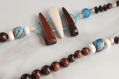 BOHO - LONG, CHUNKY STATEMENT NECKLACE - DARK WOOD & TEAL