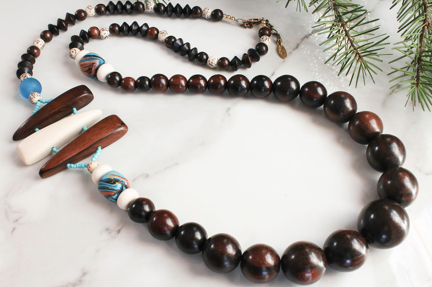 BOHO - LONG, CHUNKY STATEMENT NECKLACE - DARK WOOD & TEAL