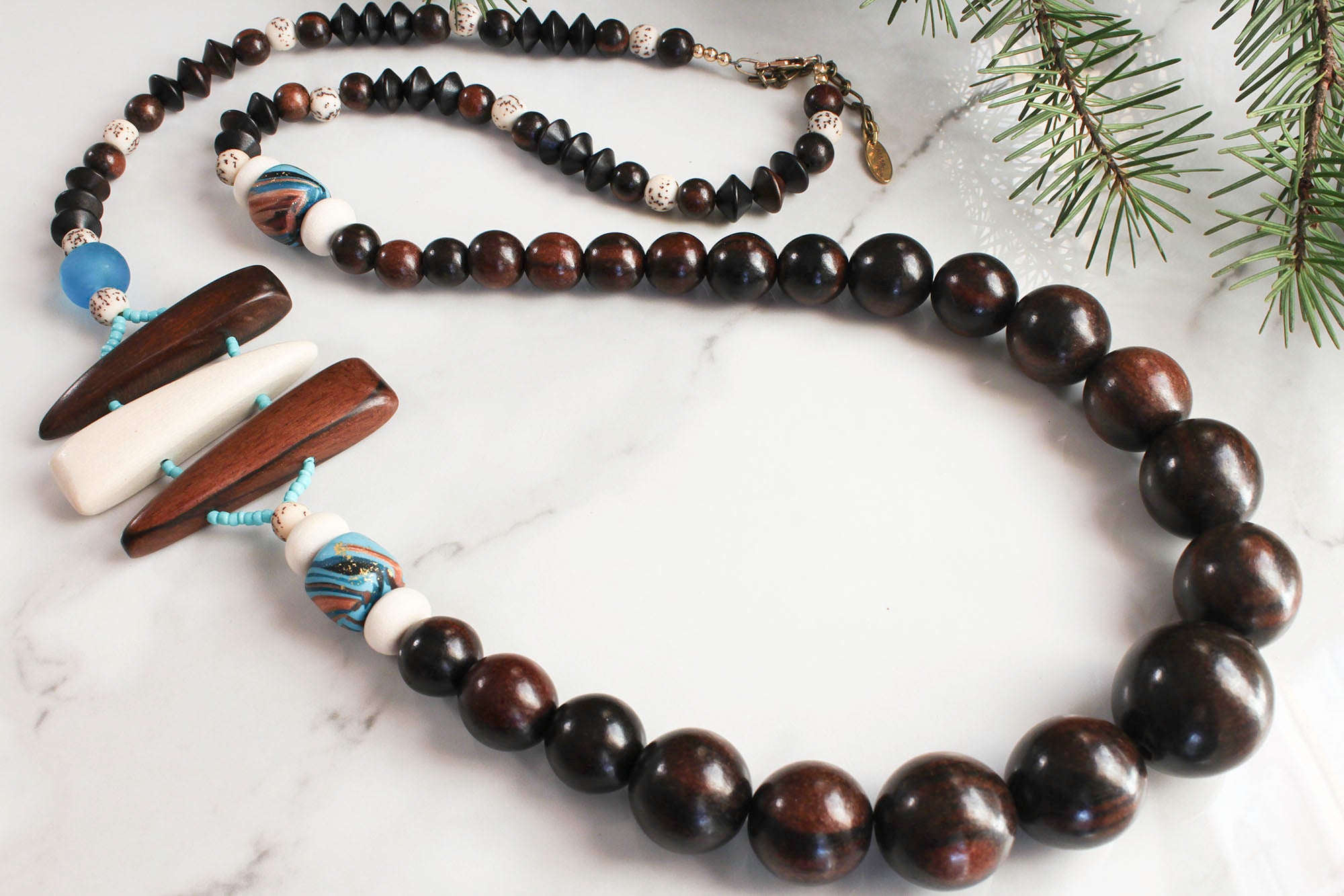 BOHO - LONG, CHUNKY STATEMENT NECKLACE - DARK WOOD & TEAL