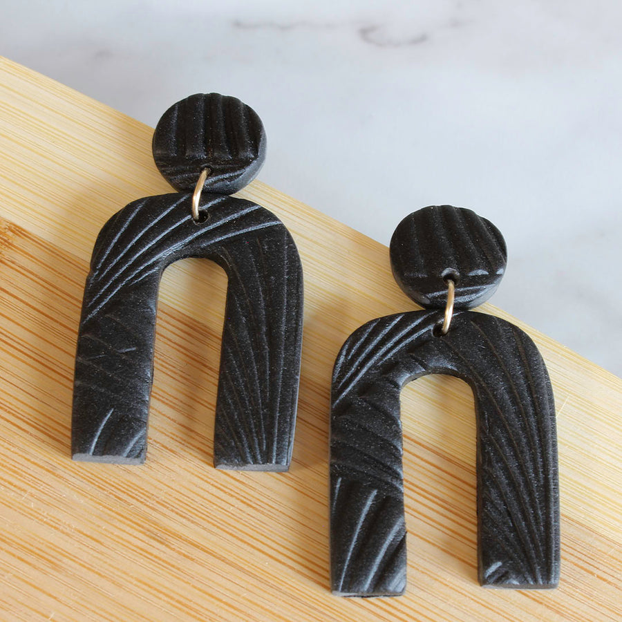 Long Black Textured Earrings Made in France in Polymer Clay Minimalist  Jewelry Helka Atelier 