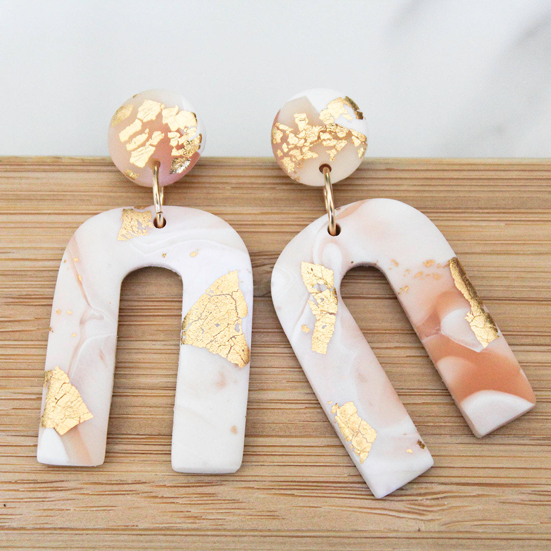 ARCHES Earrings. White, pink and gold leaf Polymer Clay Arch