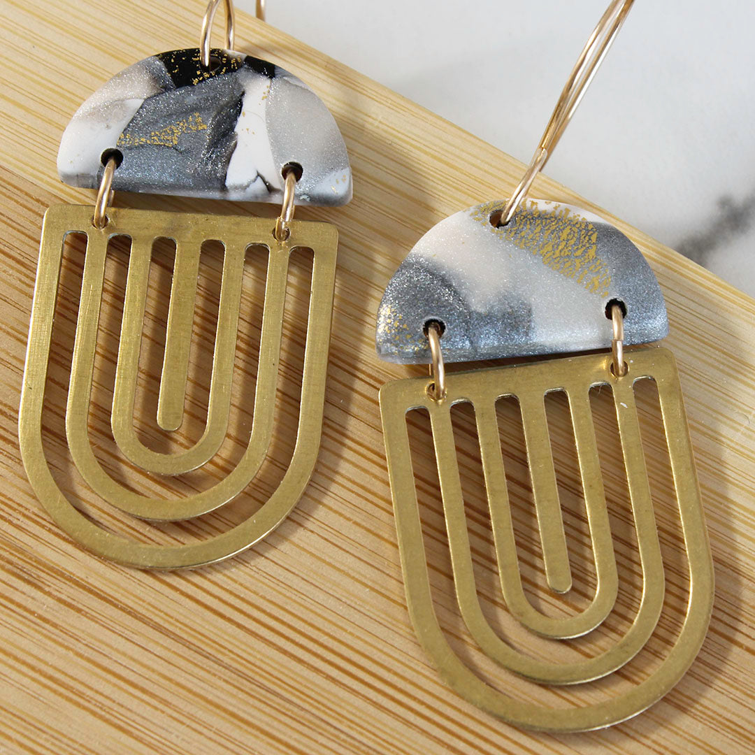 CLEO Earrings. Black, Silver and Gold leaf Polymer Clay statement earrings with brass Arches