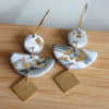 COLIBRI Earrings. White, Gray, Black and Gold leaf Polymer Clay statement earrings with brass dangles