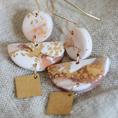 COLIBRI Earrings. White, Pink and Gold leaf Polymer Clay statement earrings with brass dangles