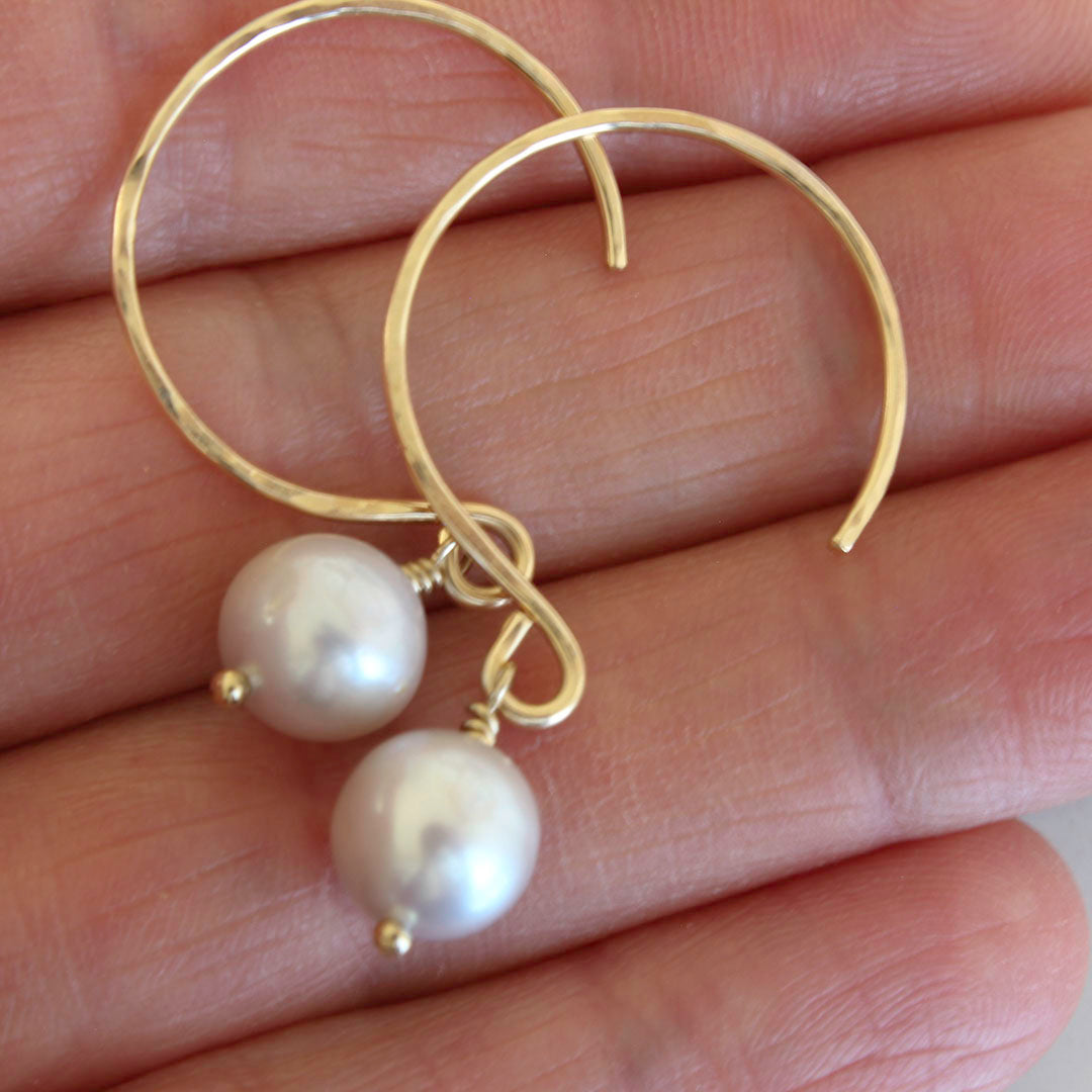 14K Gold Fill - LARGE Hammered Hoops with Freshwater Pearls