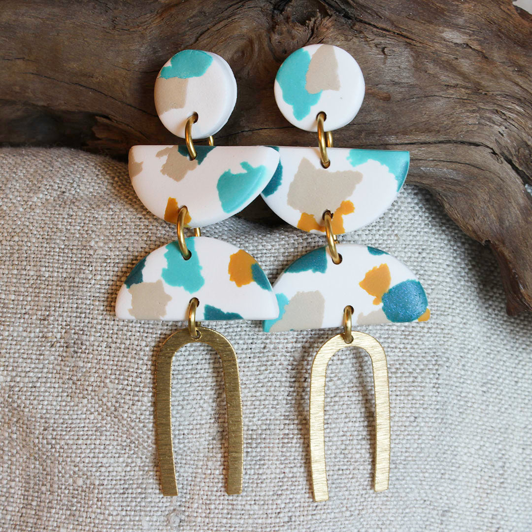COLIBRI Earrings. White, Pink and Gold leaf Polymer Clay statement ear -  Alma Rosa Jewelry
