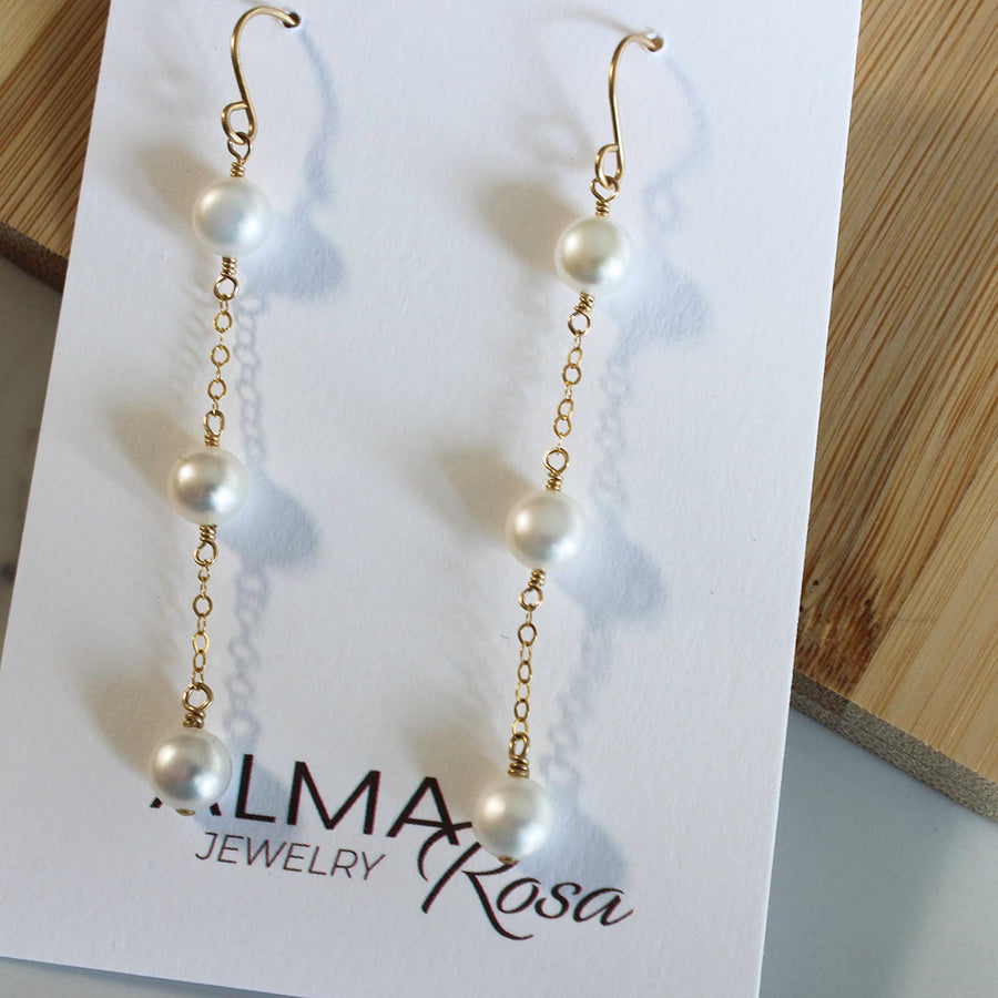 PERLA Earrings -  Drop, dangle Pearl Earrings with 14K gold fill chain