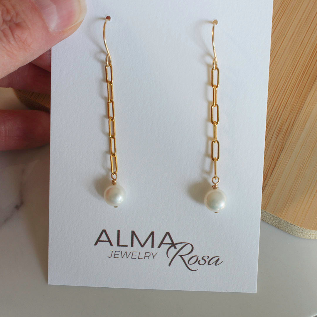 Paperclip Pearl Earrings -  Drop, dangle Pearl Earrings with 14K gold fill chain