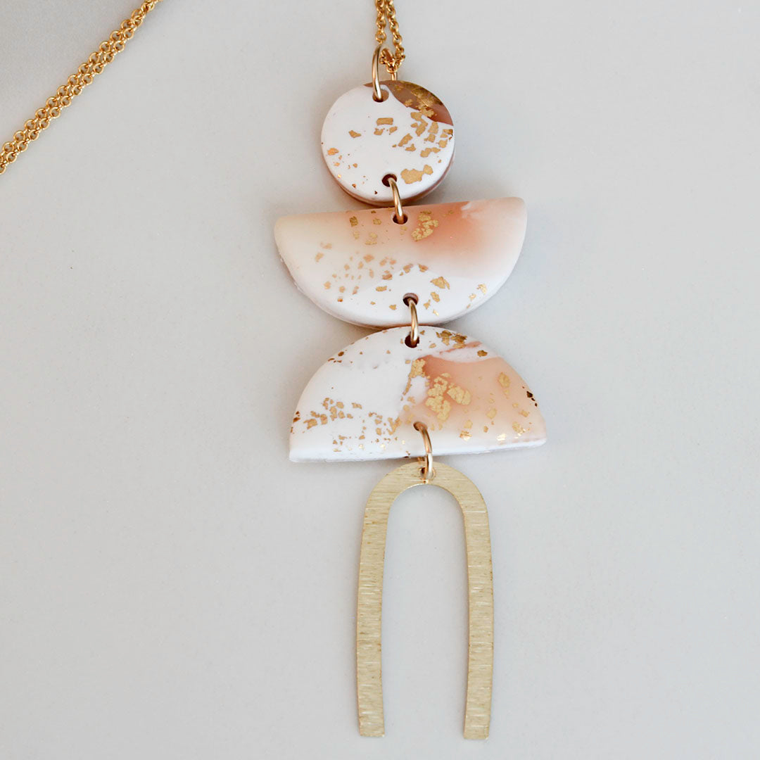 PERSONA White, Pink and Gold leaf Polymer Clay statement Pendant, necklace with a Brass Arch