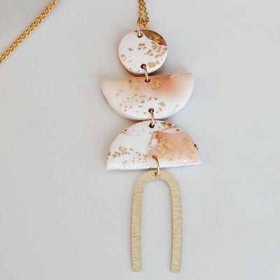 PERSONA Necklace. White, Pink and Gold leaf Polymer Clay statement Pendant, necklace with a Brass Arch