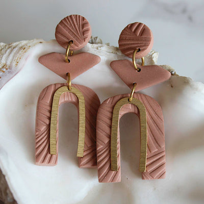PERSONA Earrings. Textured Terracotta Polymer Clay Arch earrings with brass dangles