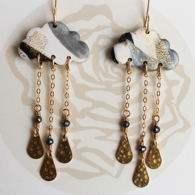 Rainy Day Earrings - Polymer Clay, brass and 14K gold fill ear wires and chain