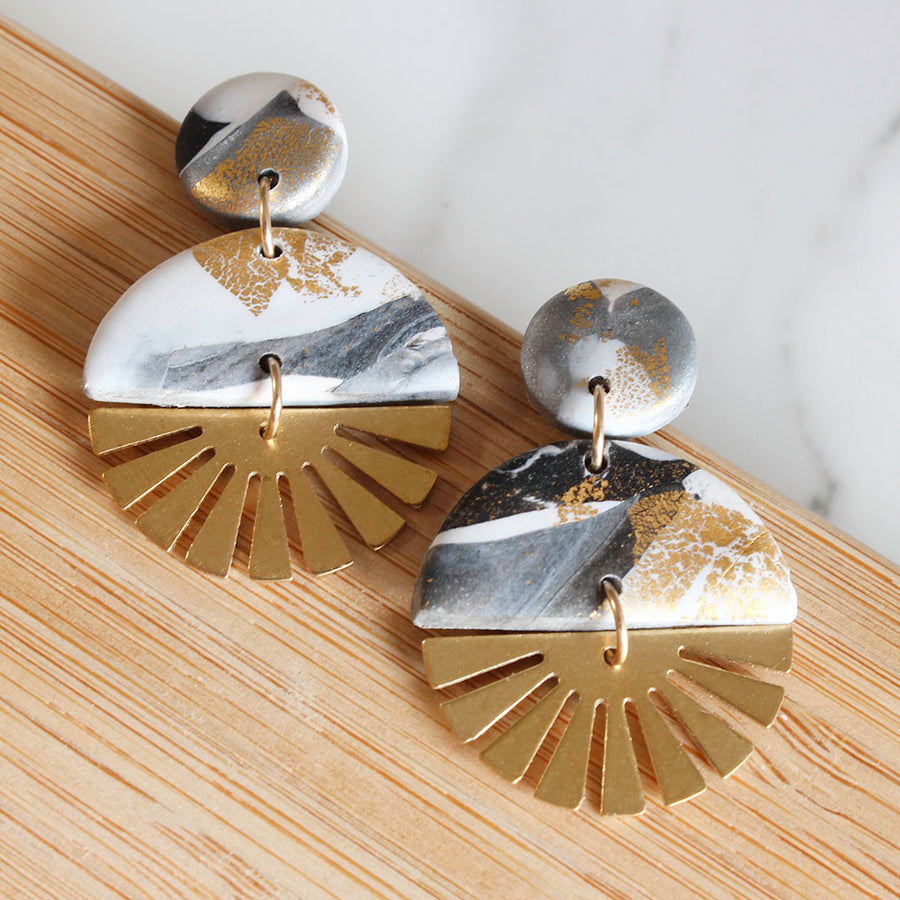 SOL Earrings.  White, Black & Grey Polymer Clay Earrings with brass Sun Rays