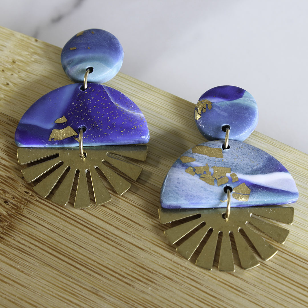 SOL Earrings.  Blue Lagoon Polymer Clay Earrings with brass Sun Rays