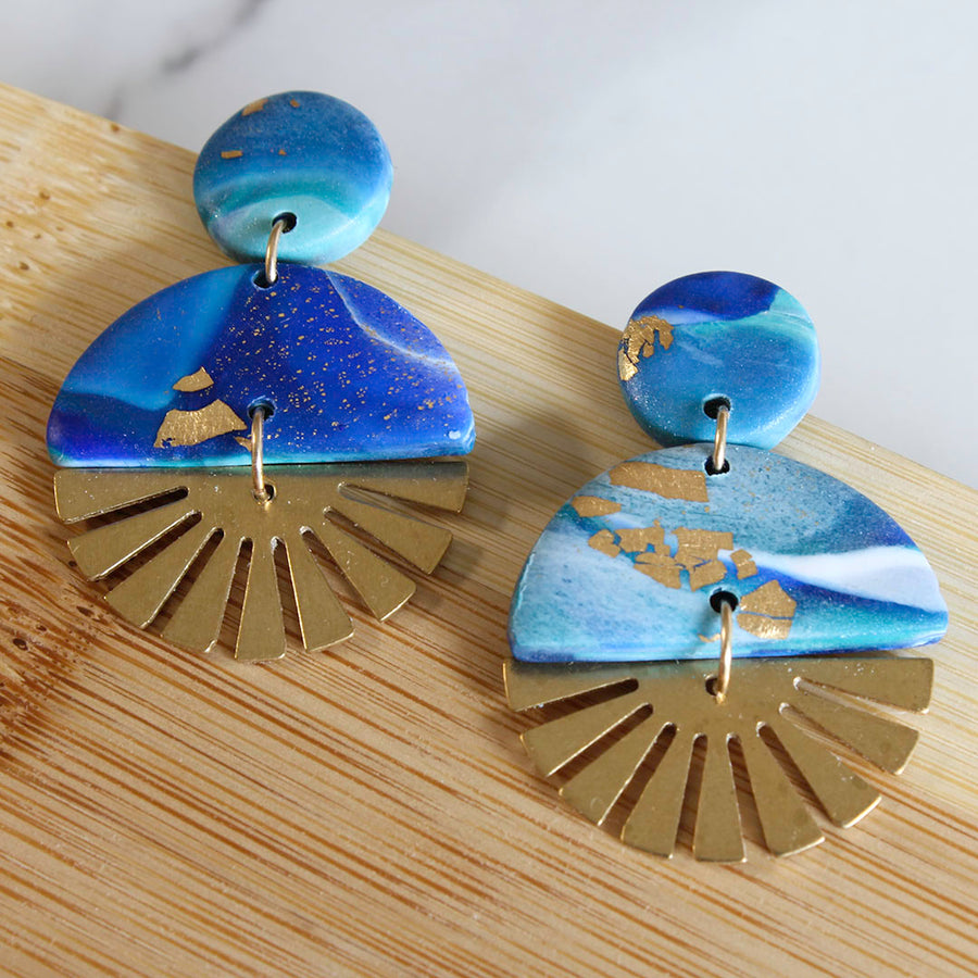 SOL Earrings.  Blue Lagoon Polymer Clay Earrings with brass Sun Rays